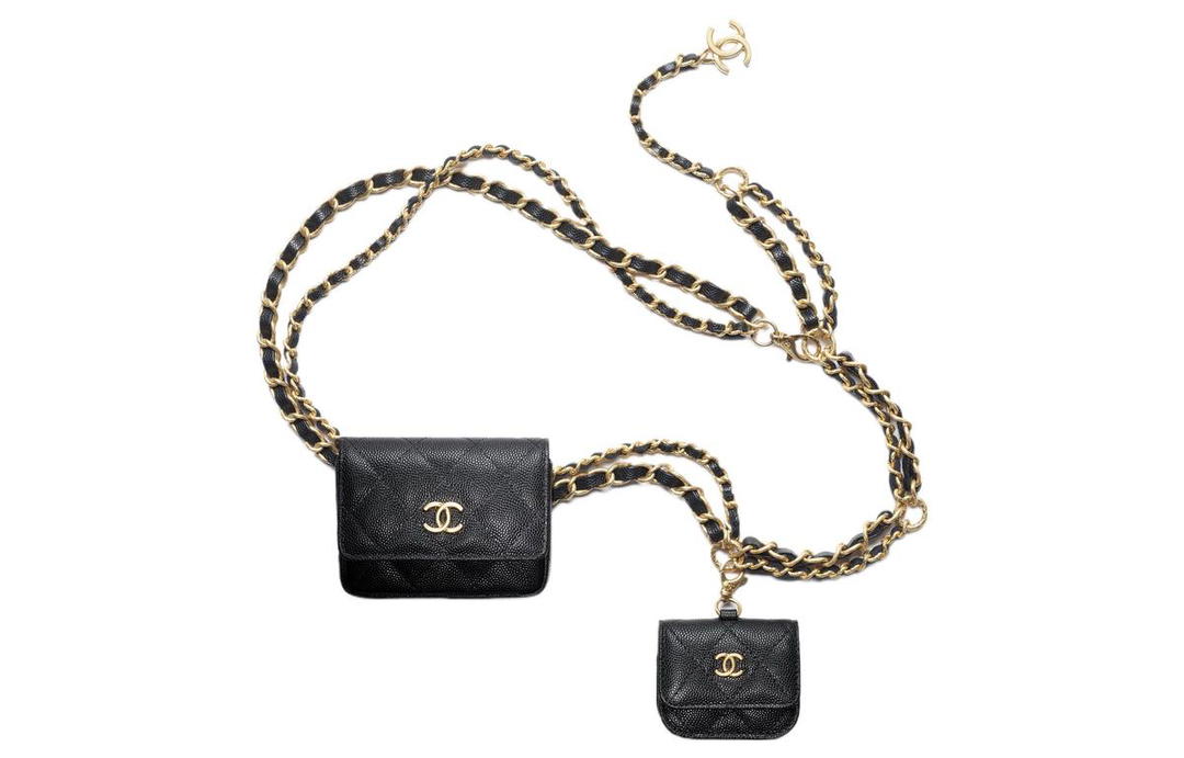 Chanel Chanel Shiny Calfskin Chain Shoulder Bag Combo Waist Bag Women's Black