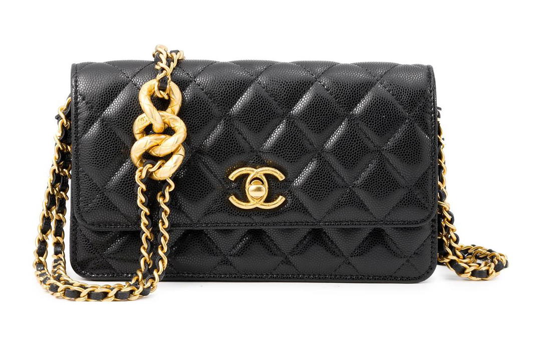 Chanel Chanel Litchi Cow Leather Spliced Chain Strip Shoulder Bag Crossbody Bag Women's Black