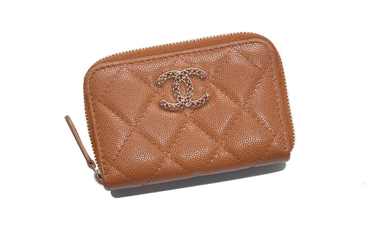 Chanel Chanel Shiny Beaded Embossed Calfskin Coin Purse Women's Light Brown