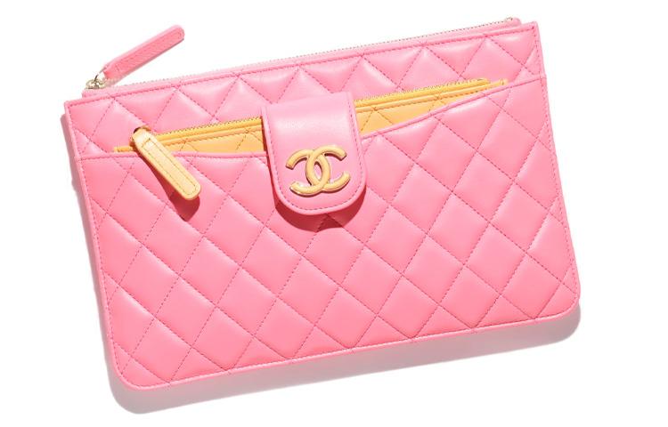 Chanel Chanel Sheepskin Clutch Women's Coral Pink With Orange Accents