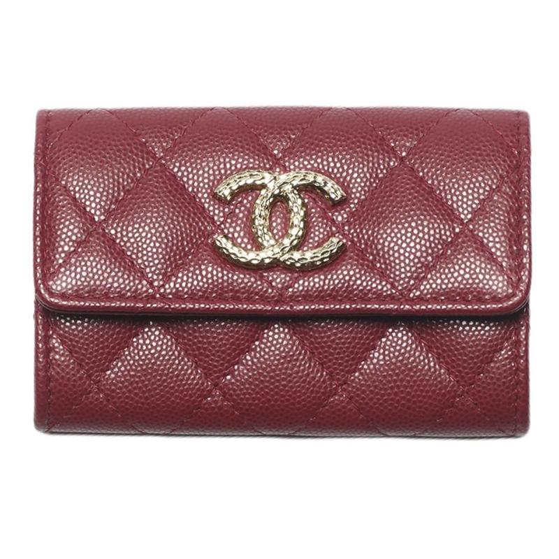 Chanel Chanel Embossed Shiny Calfskin Card Holder Women's Burgundy