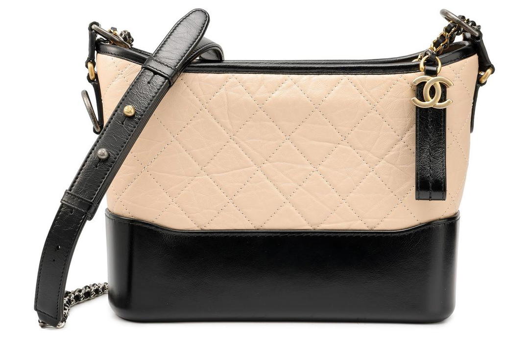 Chanel Chanel Gabrielle Calfskin Hobo Bag Handbag Shoulder Bag Crossbody Bag Medium Size Women's Beige & Black