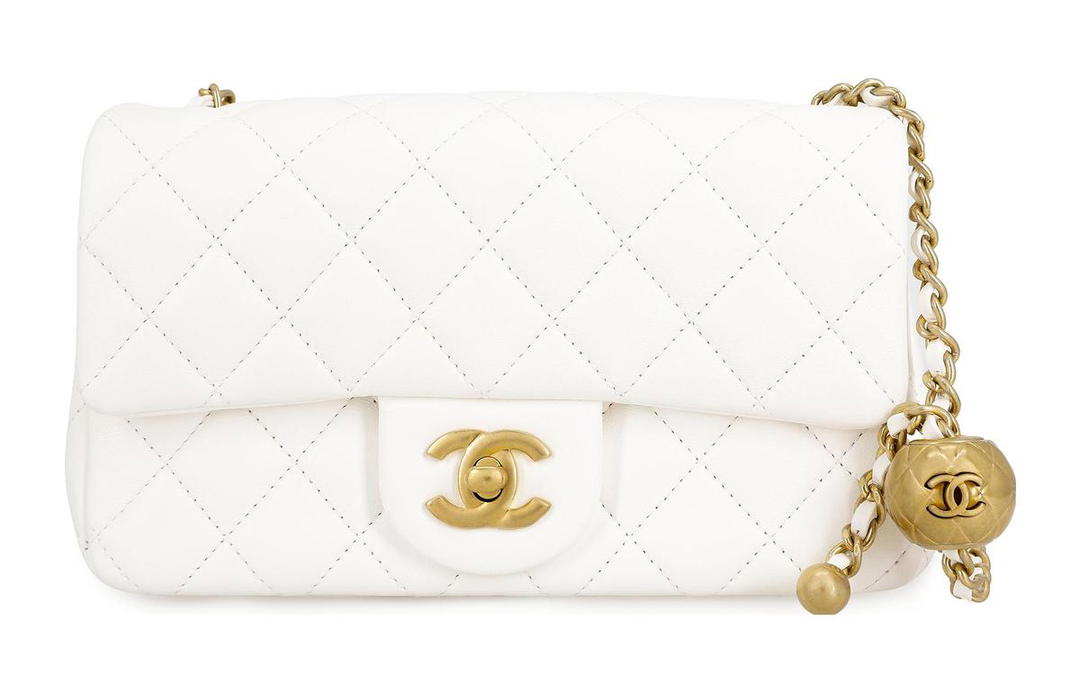 Chanel Chanel Small Gold Ball Classic Flap CF Sheepskin Mouth Cover Bag Crossbody Bag Mini Women's White