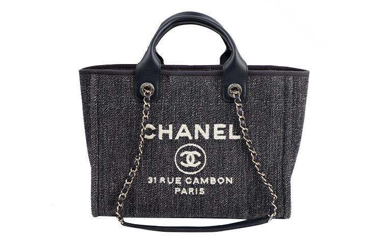 Chanel Chanel Mixed Fiber With Metal Bonding Tote Bag Shopping Bag Shoulder Bag Handbag Small Size Women's Denim Blue