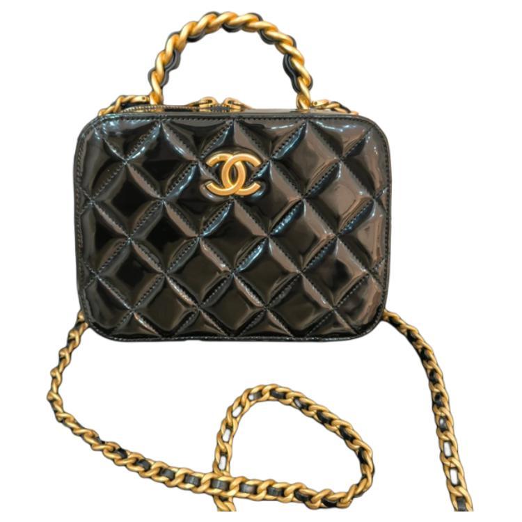 Chanel Chanel Patent Leather Calfskin One Shoulder Crossbody Portable Makeup Bag Small Size Women's Black