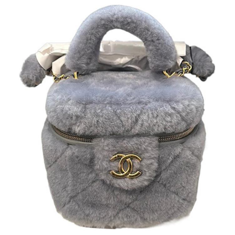 Chanel Chanel Wool Plush Bag Makeup Bag Handbag Women's Gray