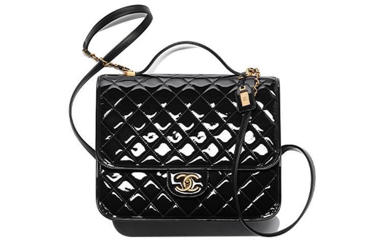 Chanel Chanel 22K Autumn And Winter Patent Leather Backpack Large Size Women's Black