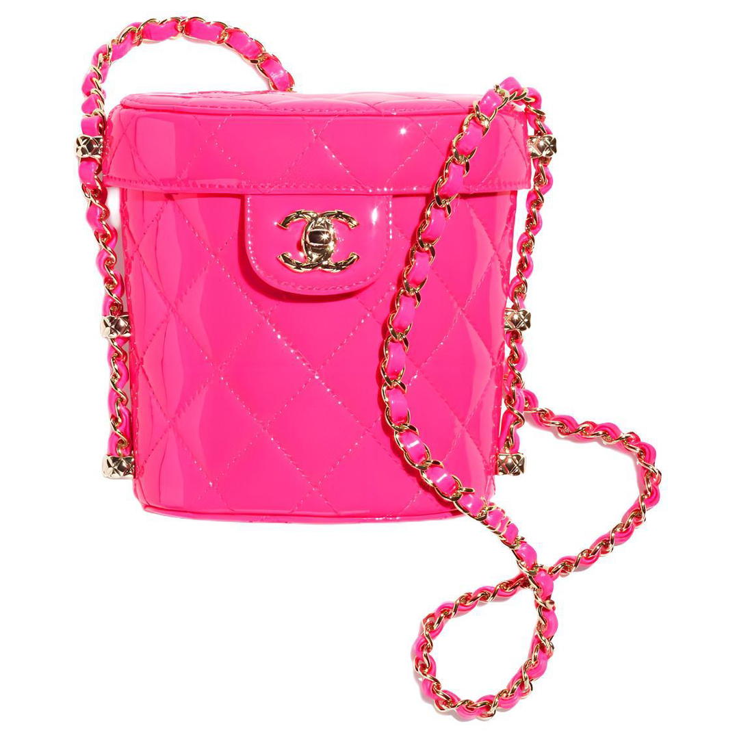 Chanel Chanel Calfskin Patent Leather Makeup Bag Small Size Women's Neon Pink