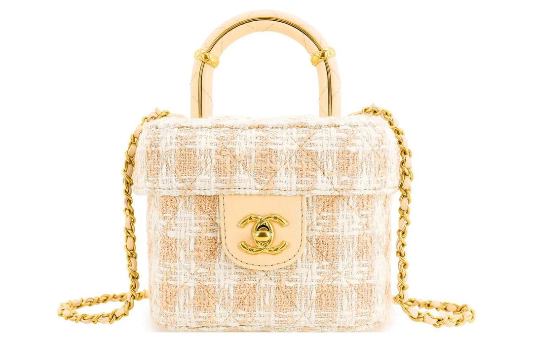 Chanel Chanel Lambskin And Tweed Blend Portable One Shoulder Crossbody Makeup Bag Small Size Women's Orange/White