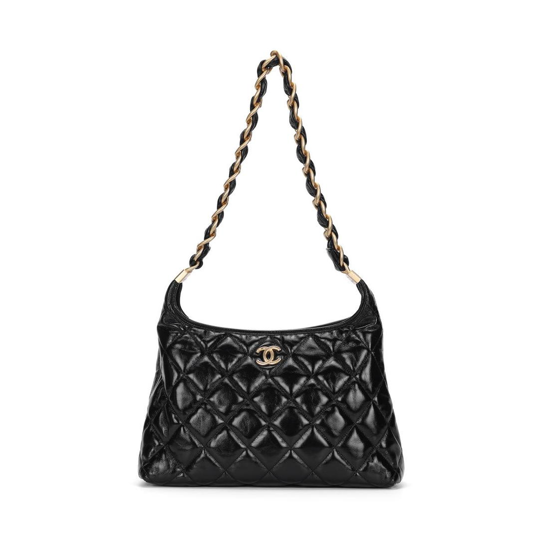 Chanel Chanel Polished Lambskin Hobo Bag Handbag Shoulder Bag Large Size Women's Black