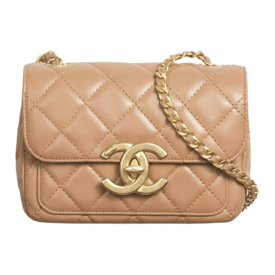 Chanel Chanel Shiny Lambskin Crossbody Bag Shoulder Bag Mini Women's Dark Beige