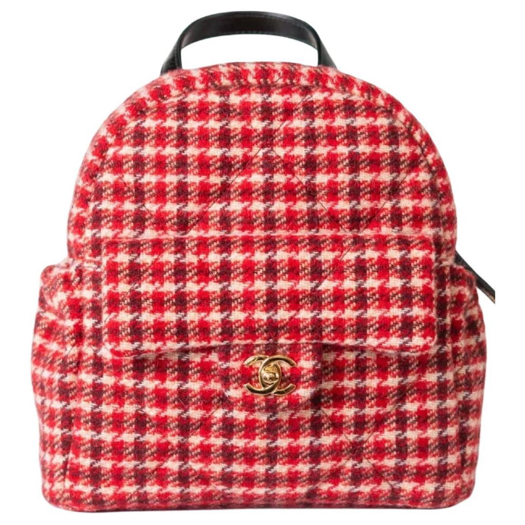 Chanel Chanel Wool Twill Velvet Calfskin With Gold Metal Backpack Large Size Women's Red & White