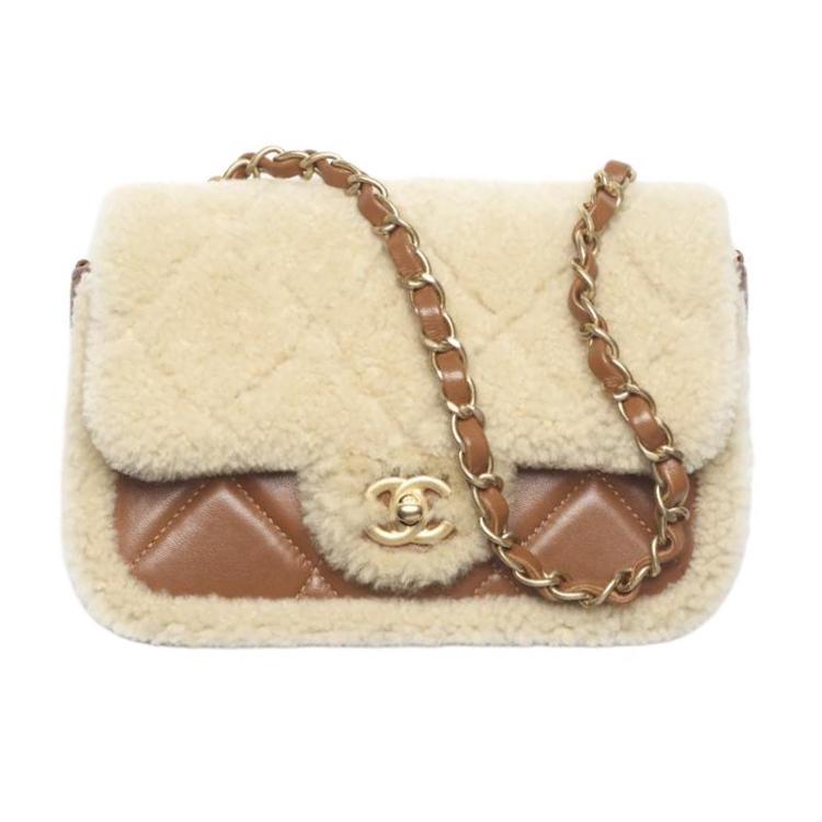 Chanel Chanel Lambskin Handbag Shoulder Bag Women's Beige & Brown