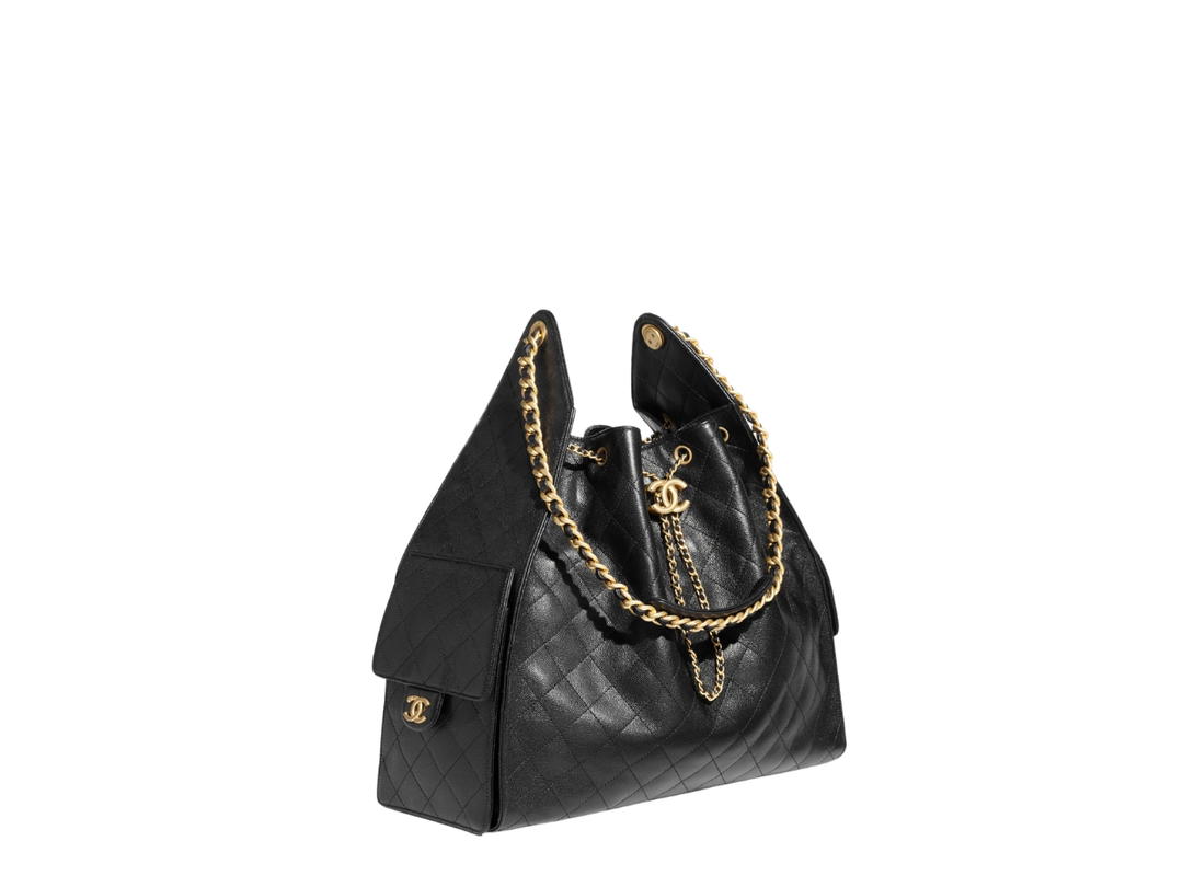 Chanel Chanel 25 Large Bag In Black Grained Calfskin With Gold-Tone Metal
