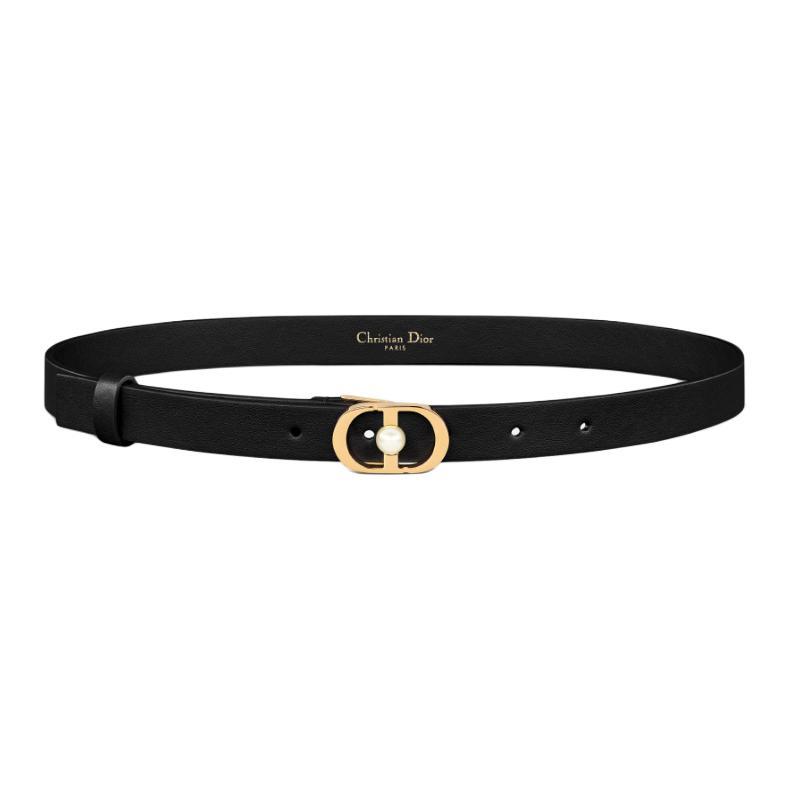 Dior Dior Resin Pearl Metal Calfskin Brass Aluminum Leather Belts Women's Black Width 2CM