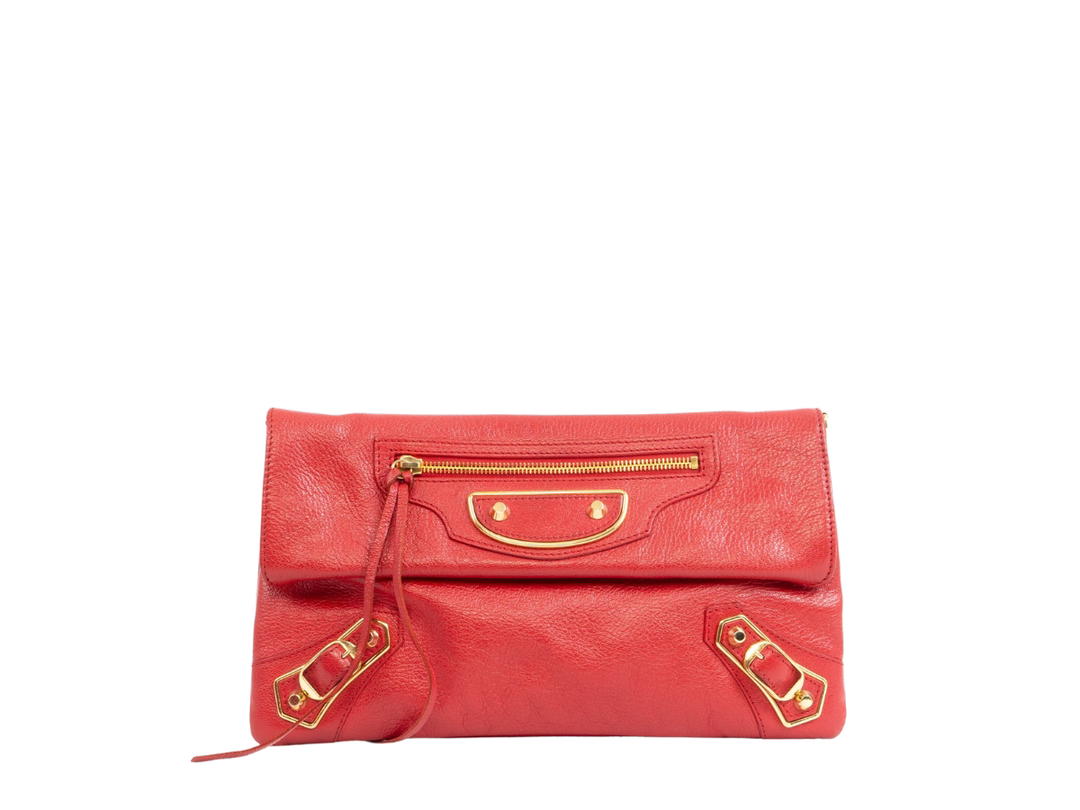 Balenciaga Balenciaga Motocross Classic Envelope Lambskin Red Clutch In Red Lambskin With Gold-Tone Hardware