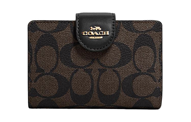Coach Coach Corner Zip Canvas With Leather Wrist Bag Clutch Mahjong Wallet Medium Size Women's Dark Brown/Black