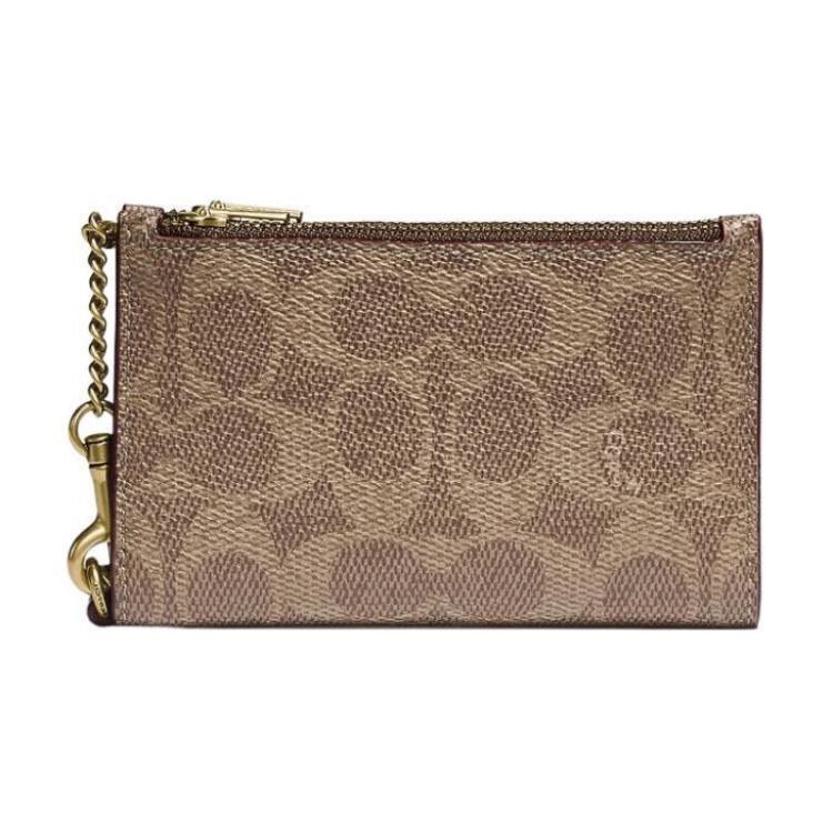 Coach Coach Card Case Canvas With Calfskin Coin Purses Wallets Mini Women's Tan