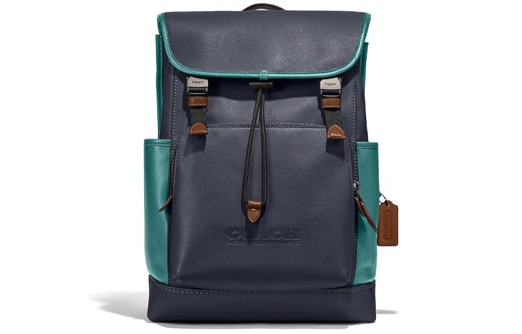 Coach Coach Leather Backpack Large Size Men's Blue Black & Lake Green