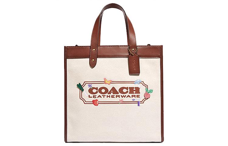 Coach Coach Cow Leather Tote Bag Shopping Bag Shoulder Bag Crossbody Bag Handbag Large Size Women's Red Brown & Ecru