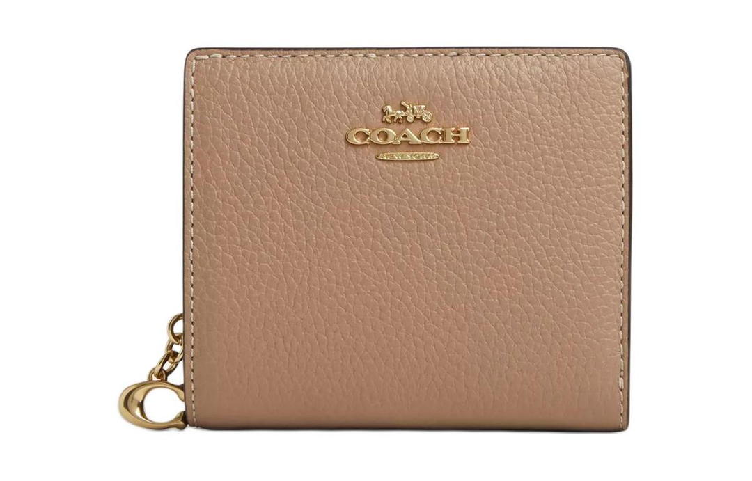 Coach Coach Snap Wallet Refined Pebbled Leather Coin Purses Wallets Mini Women's Gold & Taupe