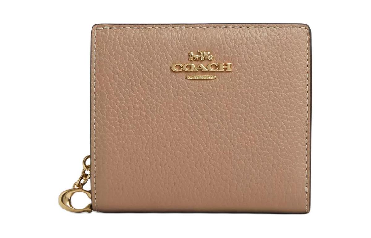 Coach Coach Snap Wallet Refined Pebbled Leather Coin Purses Wallets Mini Women's Gold & Taupe