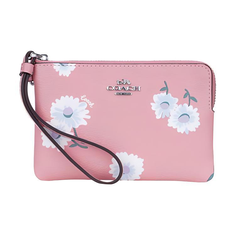 Coach Coach Canvas With Leather Money Clip Card Holder Handheld Coin Purse Wrist Bag Small Size Women's Cherry Blossom Pink