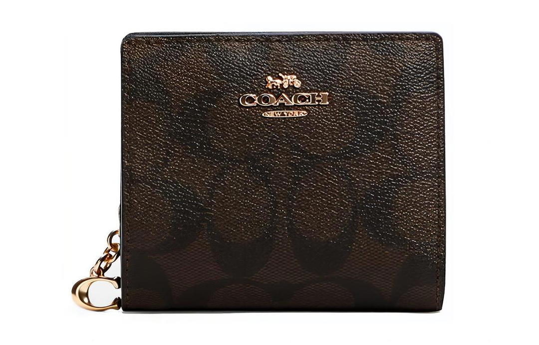 Coach Coach Snap Wallet Canvas With Leather Wallet Women's Dark Brown Monogram