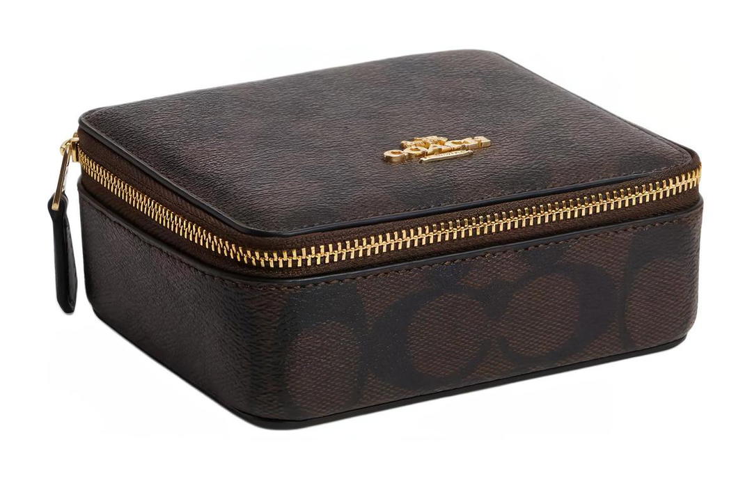 Coach Coach Jewelry Bo Canvas With Leather Jewelry Box Storage Box Large Size Women's Gold & Brown Black