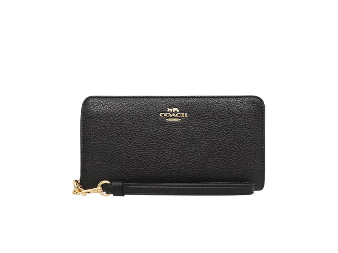 Coach Coach Long Zip Around Wallet In Black Refined Pebble Leather With Gold Hardware