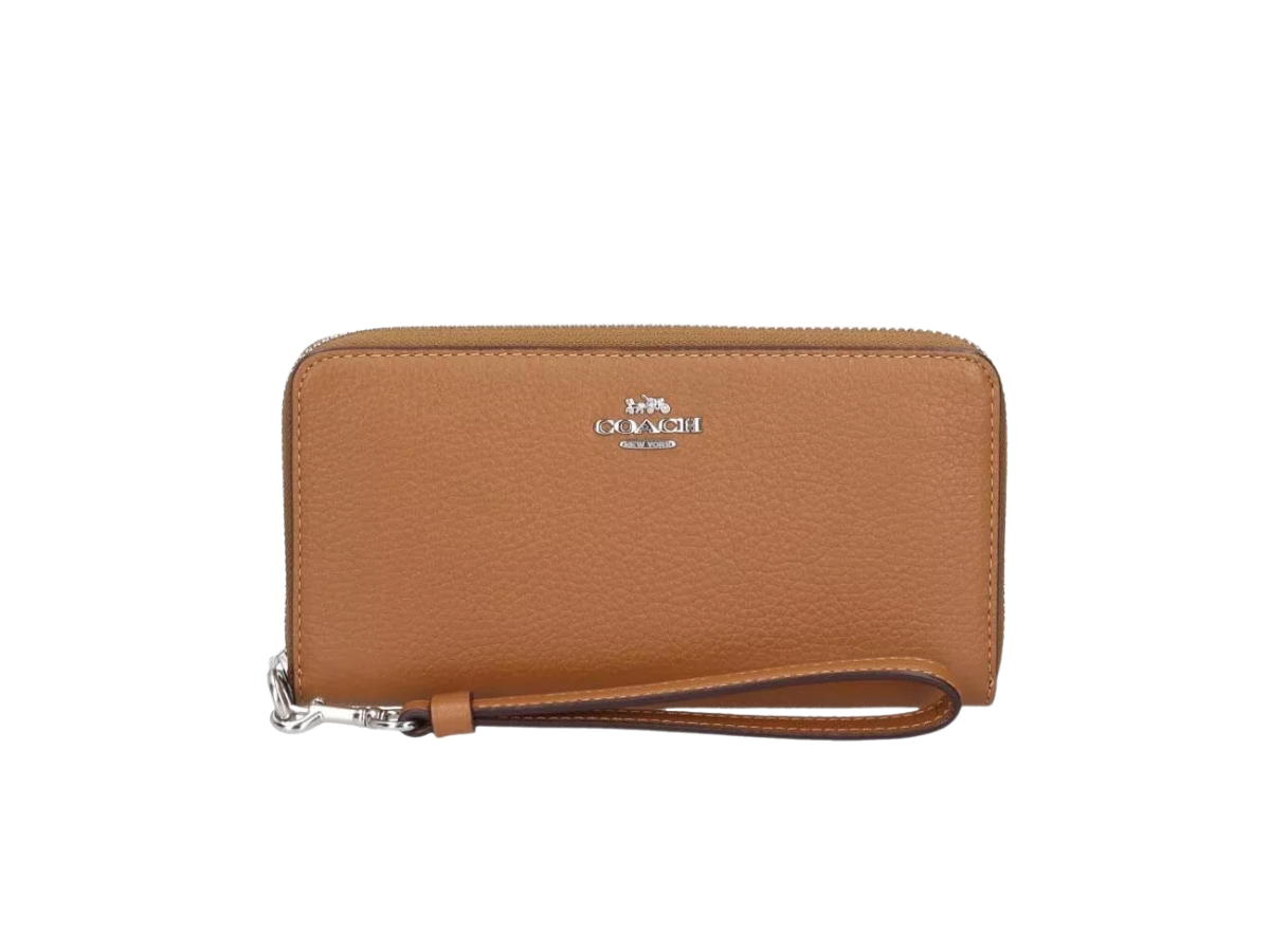 Coach Coach Long Zip Around Wallet In Light Saddle Refined Pebble Leather With Silver Hardware