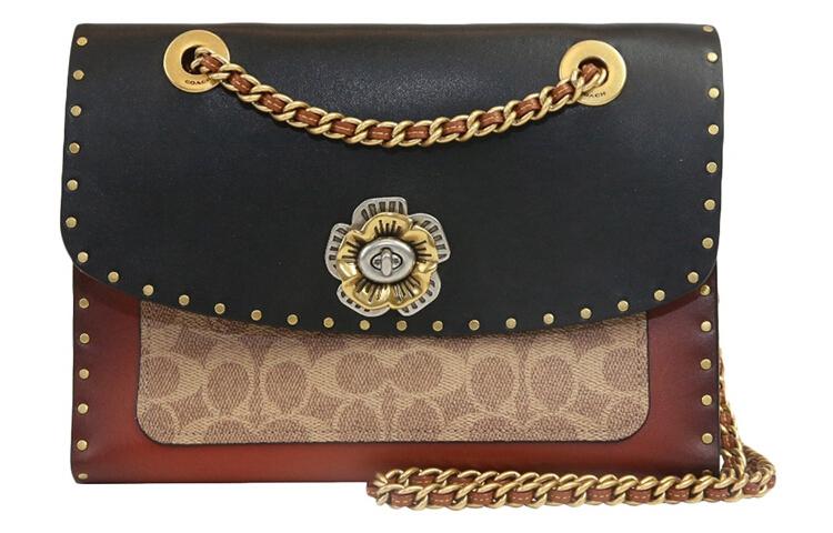 Coach Coach Parker Coated Canvas With Calfskin Trim Portable Crossbody Bag Shoulder Bag Women's Black & Monogram Red Brown