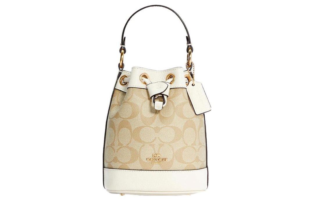 Coach Coach Dempsey Canvas Coated Patchwork Cow Leather Bucket Bag, Handbag, Crossbody Bag Mini Women's Light Khaki