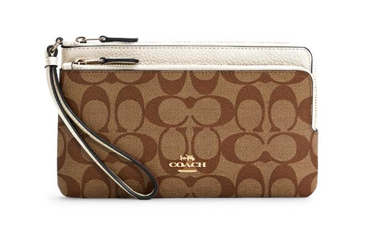 Coach Coach Double Zip Wallet Leather Card Holder, Clutch Wallet Medium Size Women's Saddle Brown Monogram & White