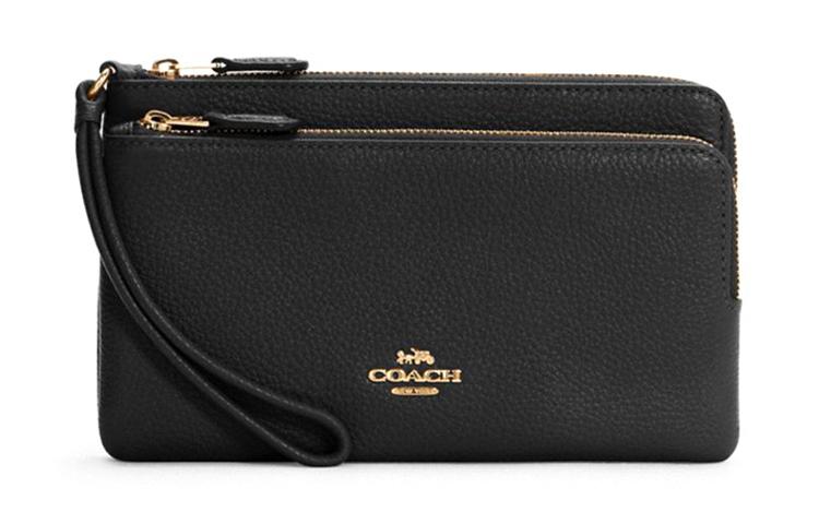 Coach Coach Double Zip Wallet Cow Leather Handheld Card Holder Wallet Medium Size Women's Black