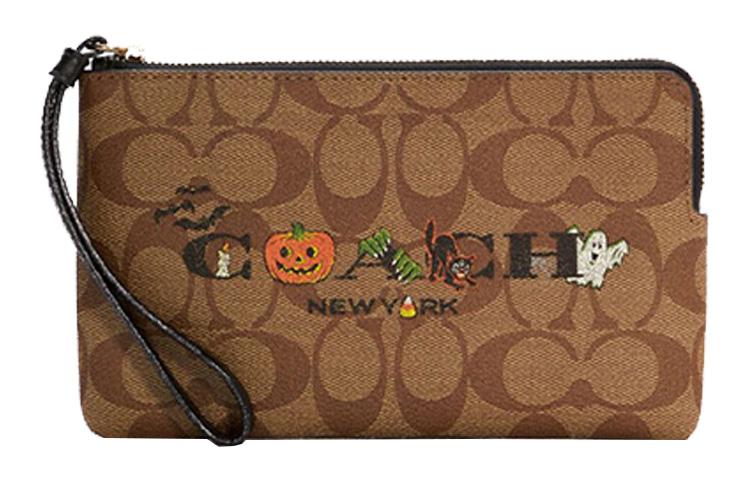 Coach Coach Corner Zip Artificial Leather Wrist Bag Clutch Small Size Women's Khaki & Black