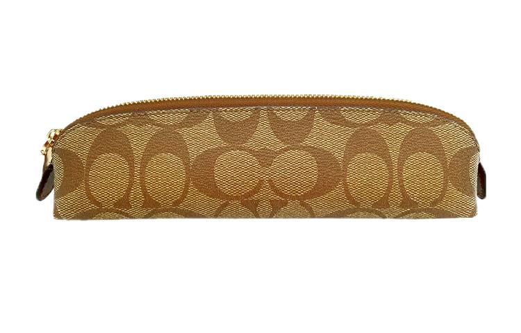 Coach Coach Pencil Case Canvas Leather Zip Closure Pen Pouch Makeup Brush Bag Makeup Bag Small Size Women's Khaki