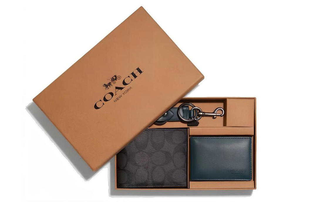 Coach Coach 3 IN 1 Wallet Cow Leather Canvas Card Holder Wallet Men's Black/Jasper