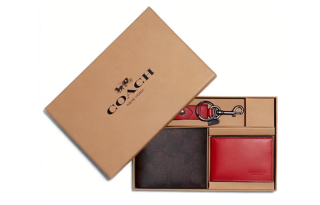 Coach Coach Cow Leather Card Clip Wallets Men's Brown/Red