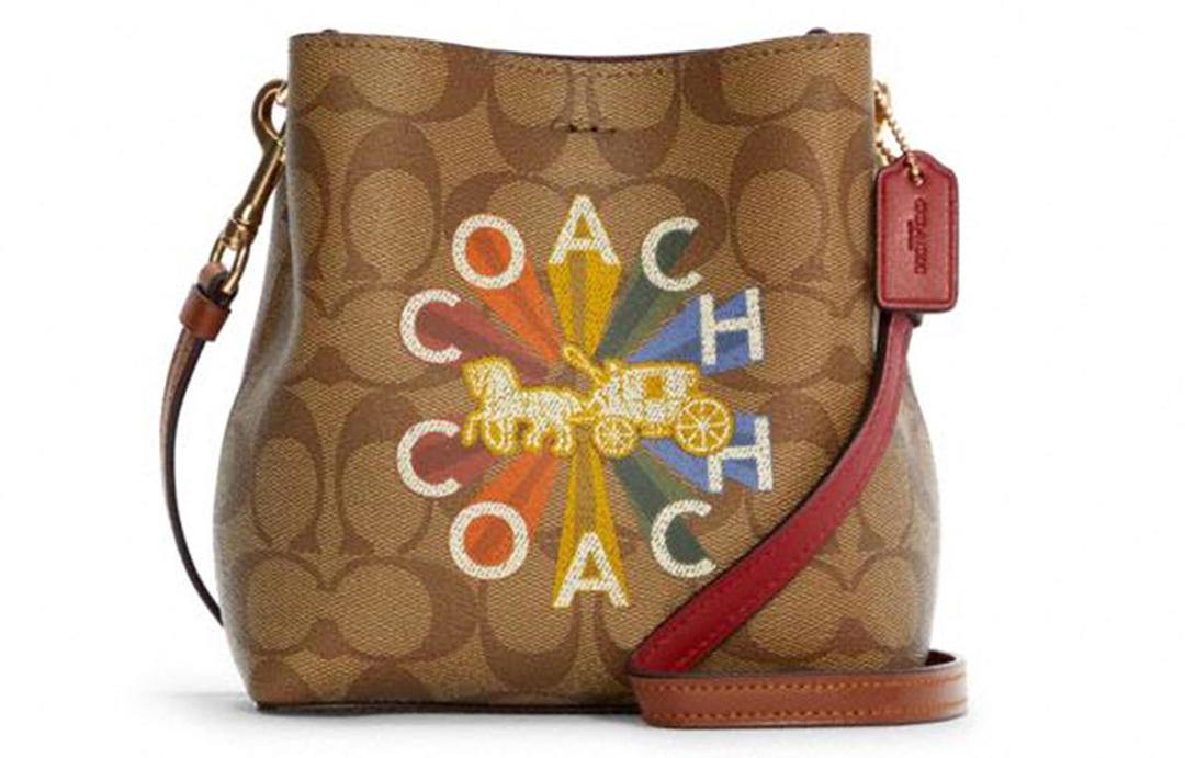 Coach Coach Town Ebony Leather Bucket Bag Crossbody Bag Women's Khaki Color Blocking