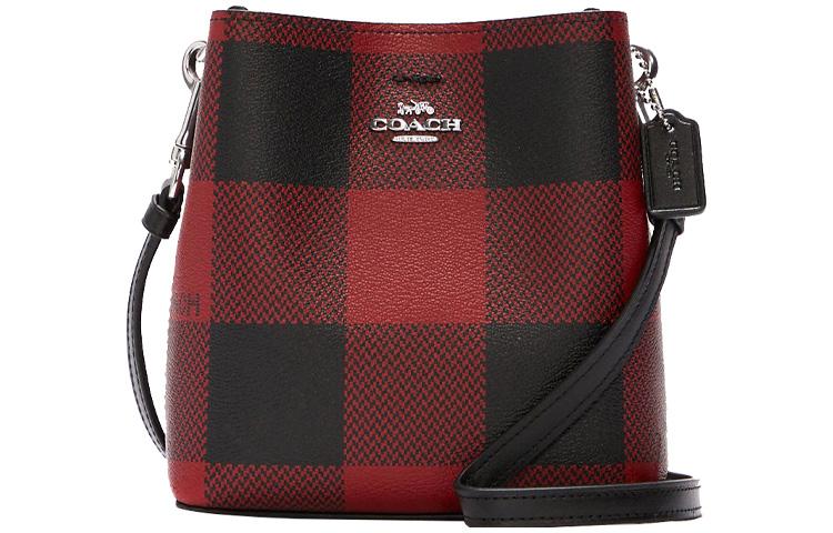 Coach Coach Town Canvas With Leather Bucket Bags Shoulder Bag Crossbody Bag Small Size Women's Black Red
