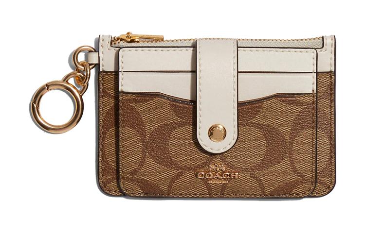 Coach Coach Card Case Canvas Leather Card Holder Mini Women's Khaki Monogram Color & White