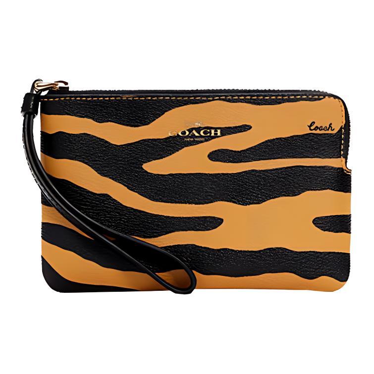 Coach Coach Corner Zip Leather Coin Purse, Handheld Wrist Bag Small Size Women's Yellow/Black