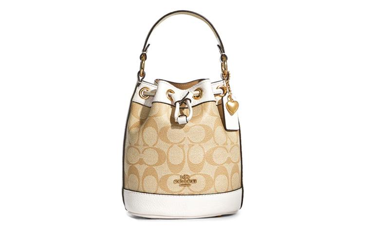 Coach Coach Dempsey Coated Canvas With Leather Bucket Bags Shoulder Bag Crossbody Bag Handbag Small Size Women's Khaki White