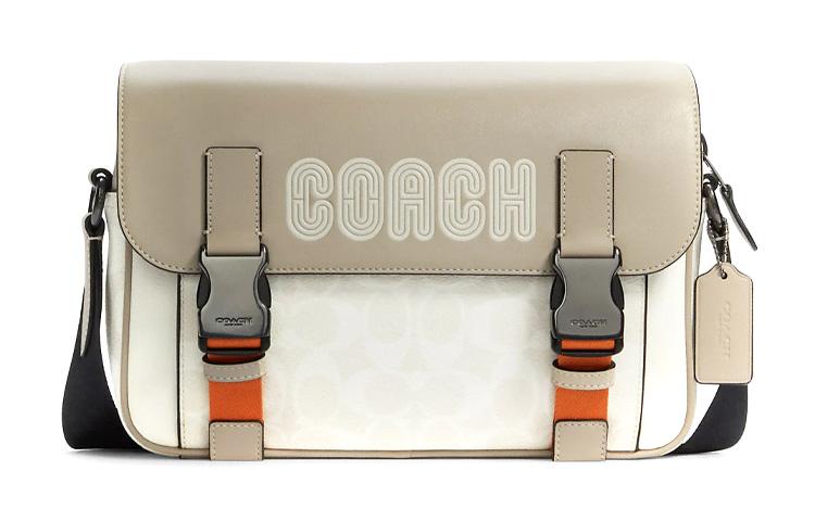 Coach Coach Track Coated Canvas With Calfskin Crossbody Bag Shoulder Bag Large Size Unisex White & Gray