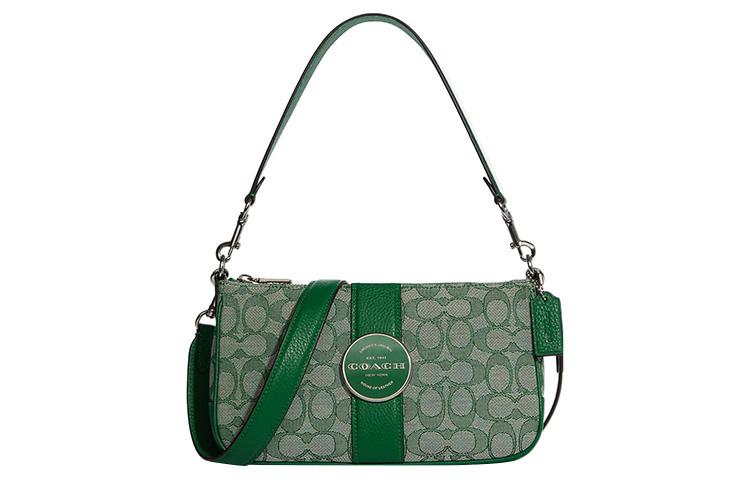 Coach Coach Lonnie Fabric With Leather Shoulder Bag Crossbody Bag Medium Size Women's Green & Macaron Color