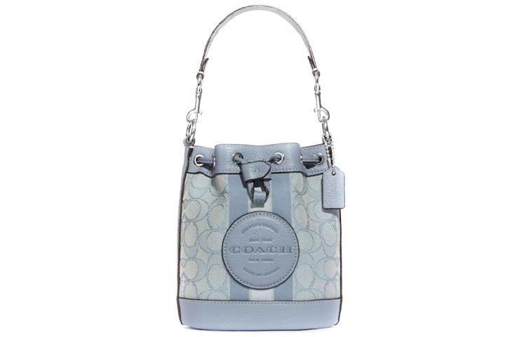Coach Coach Dempsey Fabric Cow Leather Patchwork Bucket Bags Shoulder Bag Crossbody Bag Small Size Women's Lake Blue