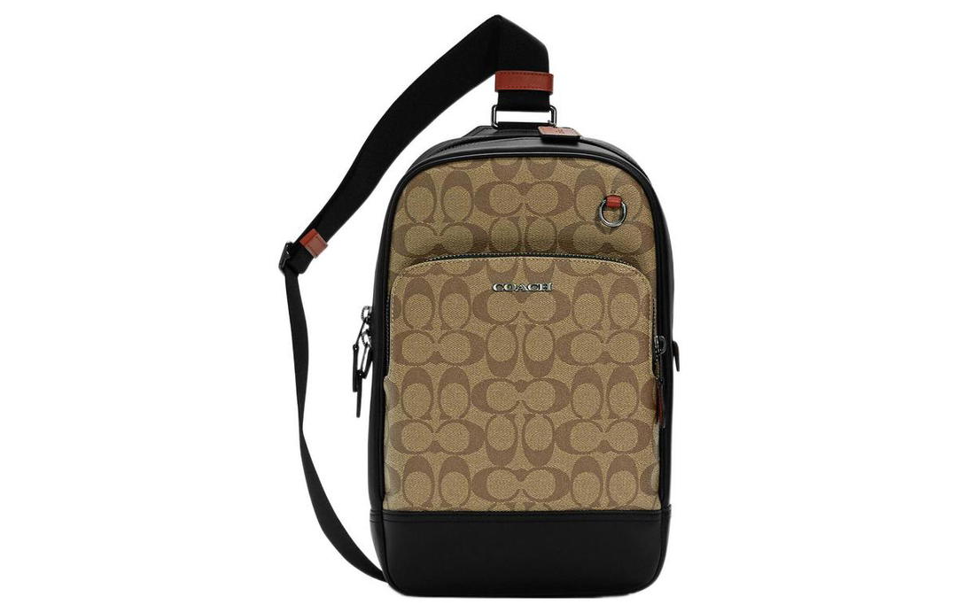Coach Coach Graham Canvas With Leather Multicolor Zip Closure Fanny Pack Sling Bag Small Size Men's Khaki & Black