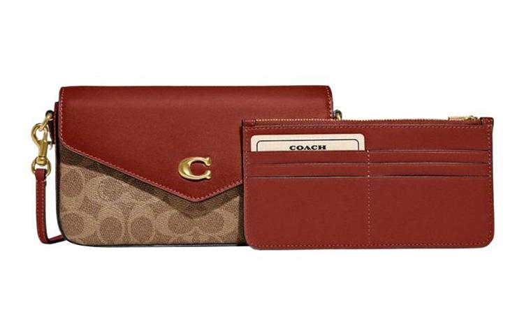 Coach Coach Wyn Canvas With Leather Envelope Bag Shoulder Bag Crossbody Bag Small Size Women's Brown & Rose Red