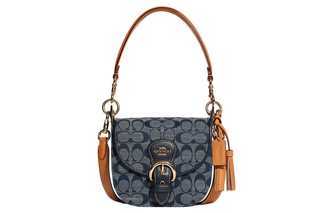 Coach Coach Kleo Canvas Cow Leather Patchwork Shoulder Bag Women's Dark Blue Monogram Color & Black